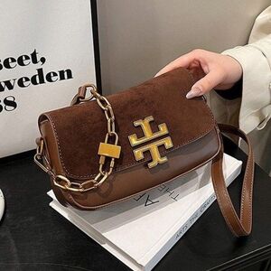 Tory Burch Brown Suede and Leather Shoulder Bag with Gold Hardware